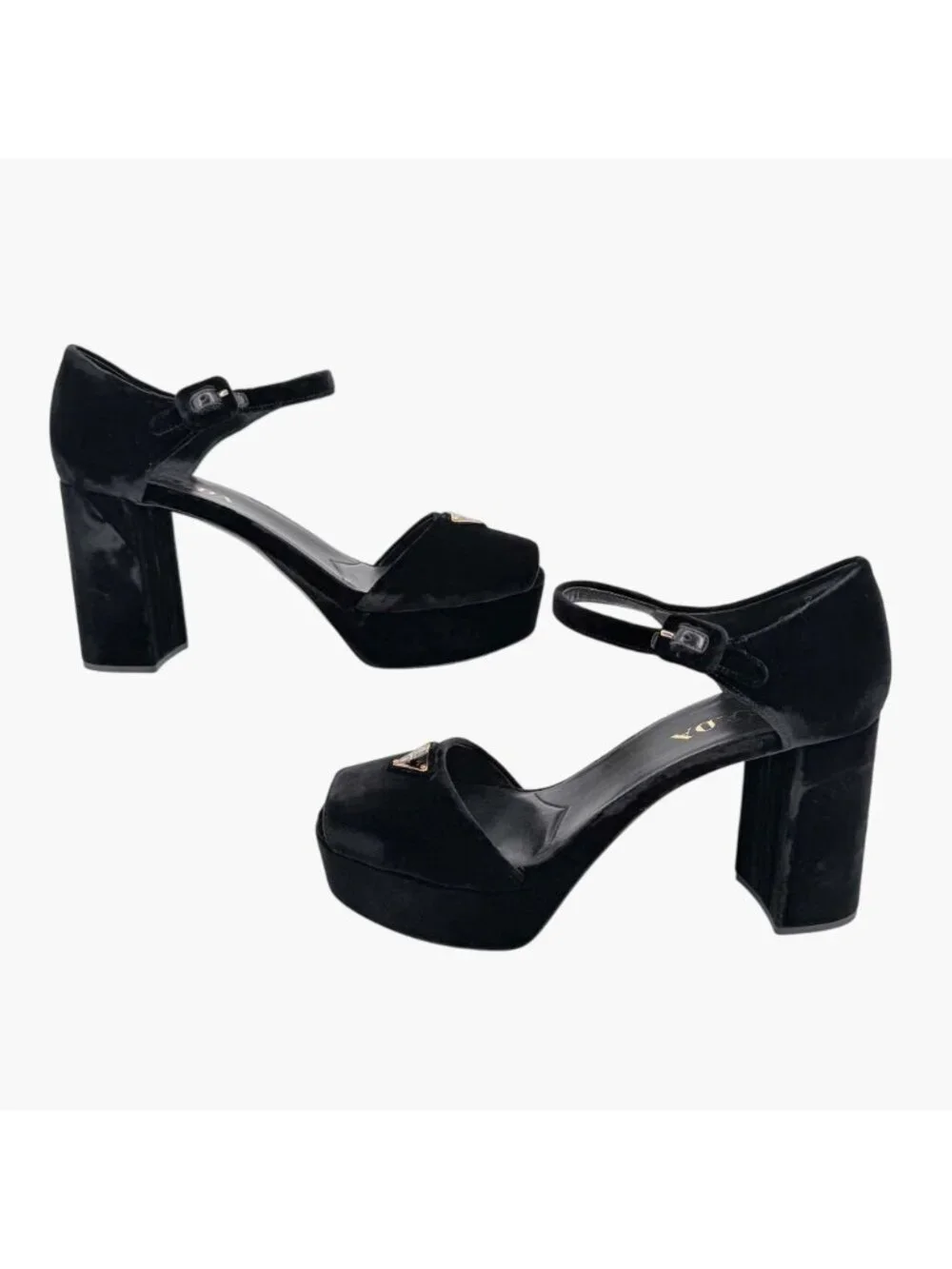Prada Triangle Logo Platform Pumps Heels Sandals Black Velvet Size 41 US 11